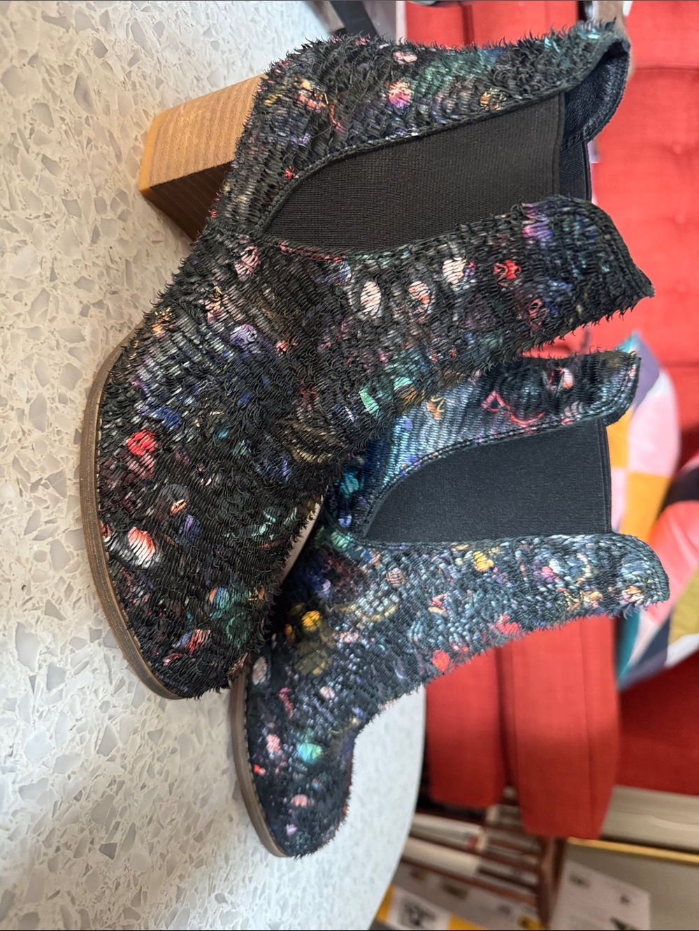 D’jango and Juliette Ankle Booties with Multicolor  fabric Speckle design